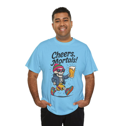 Cheers, Mortals! Mens Tee, Funny Skeleton Beer Graphic Tee, Cool Drinking Humor Shirt, Party Gift for Him, Halloween Tee,  Beer Lovers Gift