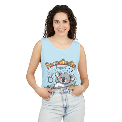 Procrastination Expert Womens Tank Top, Funny Gift for Lazy Days, Relaxed Fit Tee, Casual Summer Wear, Koala Graphic Top, Motivational Apparel