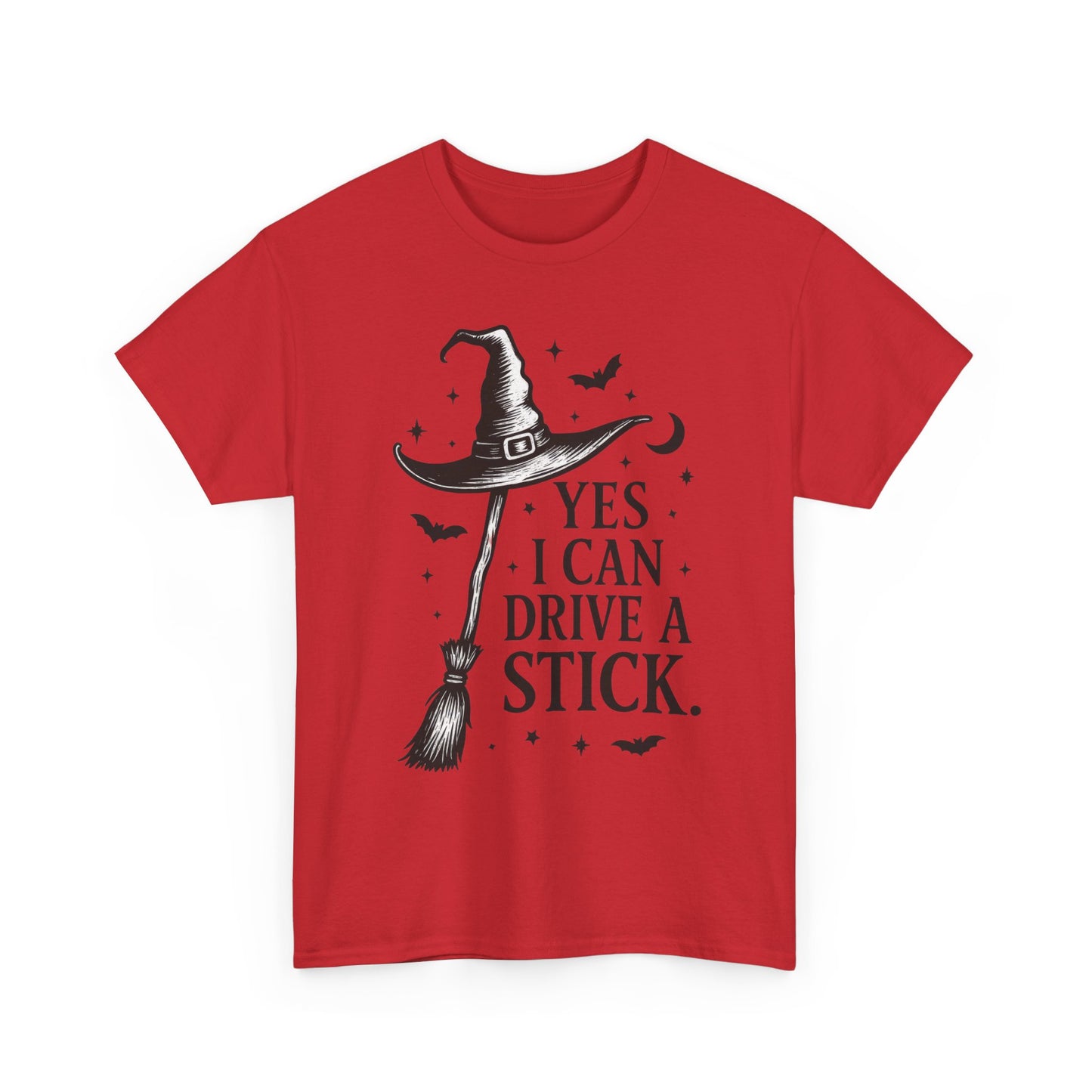 Yes I Can Drive a Stick Witch Hat Broom Halloween Women's T-Shirt, Funny Spooky Graphic Tee, Witch Shirt,