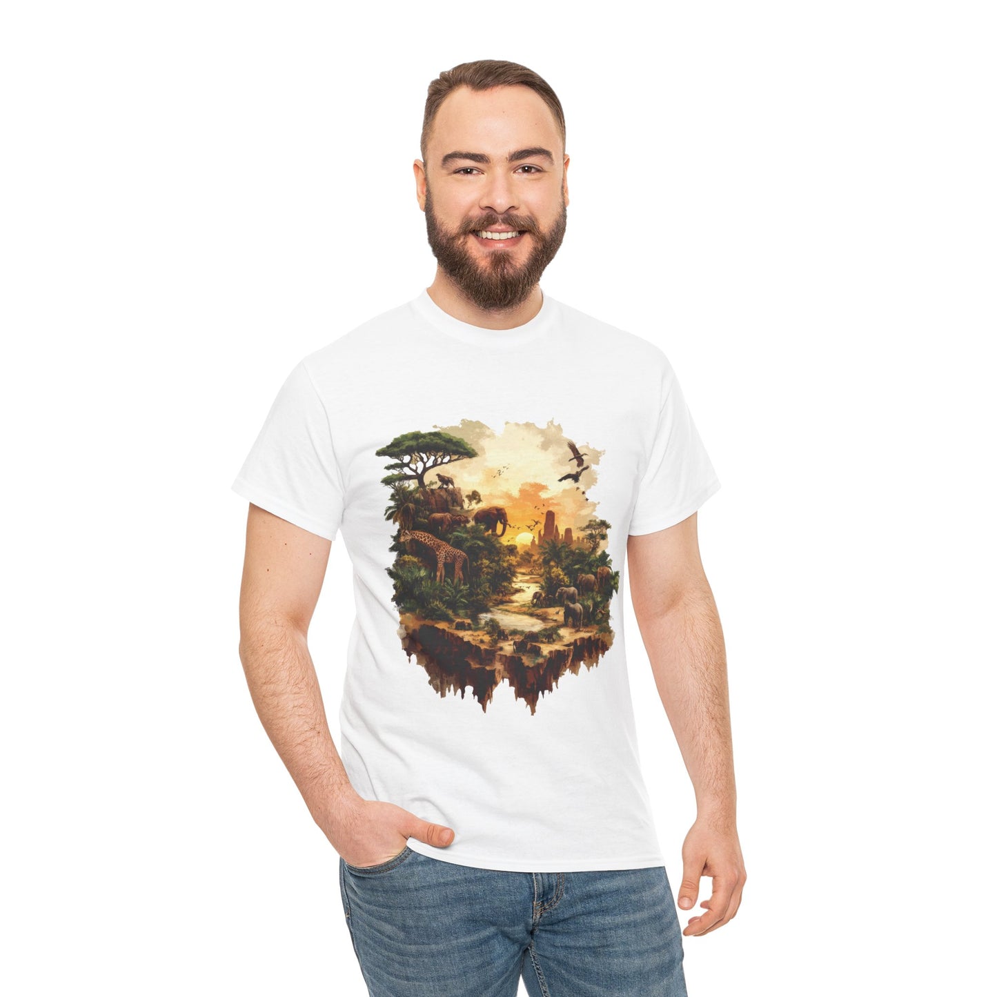 Safari Sunset Animal Print T-Shirt, Jungle Wildlife Graphic Tee , African Nature Unisex Heavy Cotton Shirt, Gift for Nature Lovers