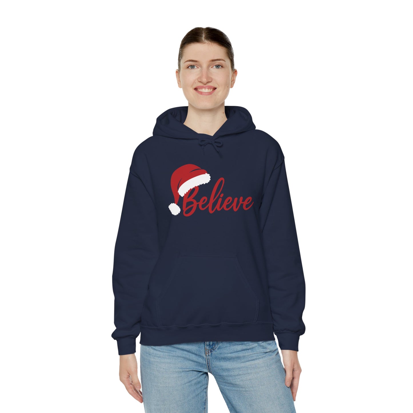 Believe Christmas Women's Hoodie, Minimal Santa Hat Holiday Sweatshirt for Women