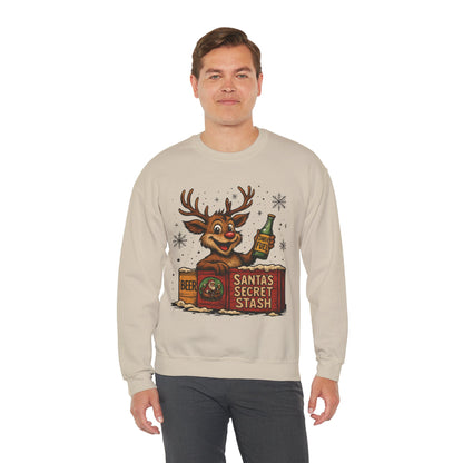 Mens Funny Christmas Sweatshirt, Santa's Secret Stash Reindeer Pullover, Men's Heavy Blend™ Crewneck Sweatshirt