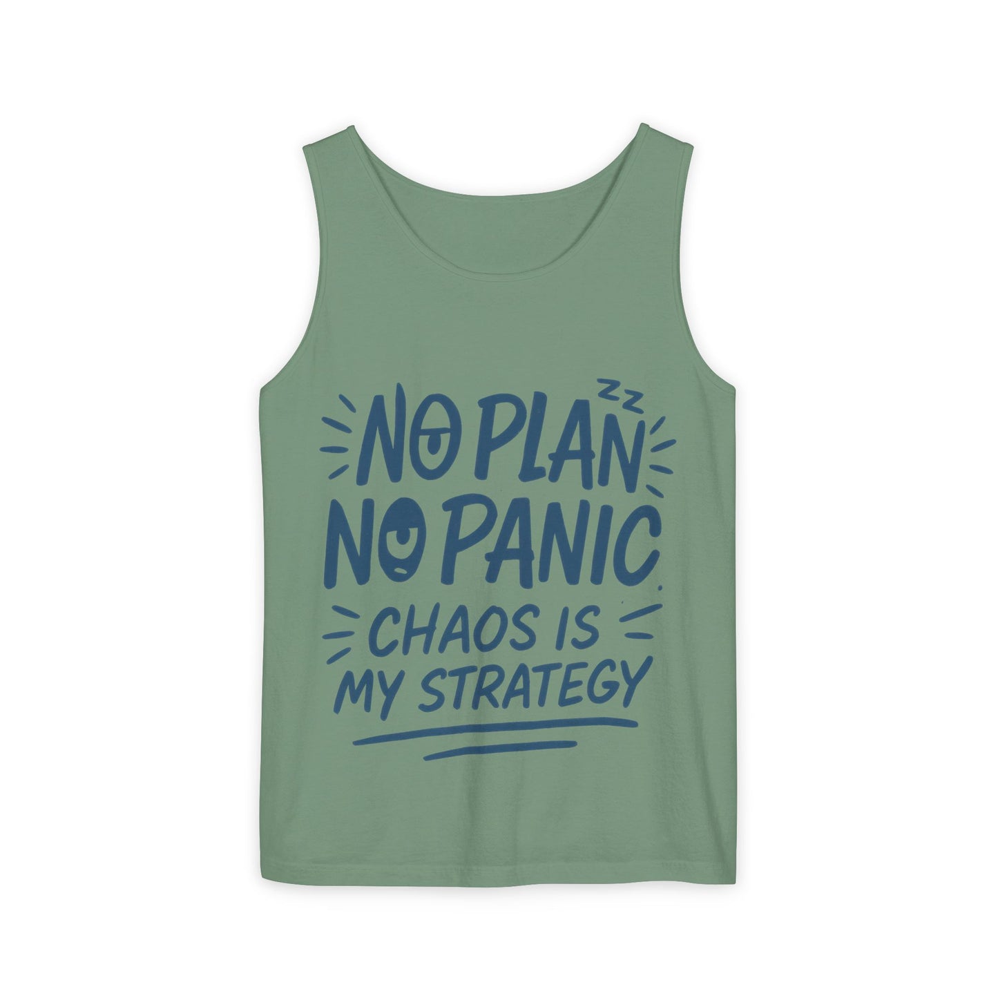 Funny Chaos Quote Mens Tank Top, No Plan No Panic Humor Shirt, Casual Graphic Tee Gift for Him, Relaxed Fit, Workout Gym Humor Shirt