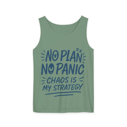 Funny Chaos Quote Mens Tank Top, No Plan No Panic Humor Shirt, Casual Graphic Tee Gift for Him, Relaxed Fit, Workout Gym Humor Shirt