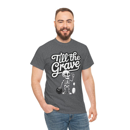 Skeleton Bowling Graphic Tee, Mens Heavy Cotton Tee, Funny Halloween Shirt, Gift for Bowlers, Retro Style Apparel, Casual Wear