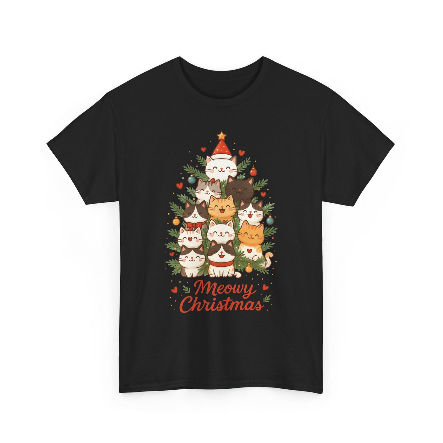 Women's Meowy Christmas Cat T-Shirt, Cute Holiday Kitty Tree Tee