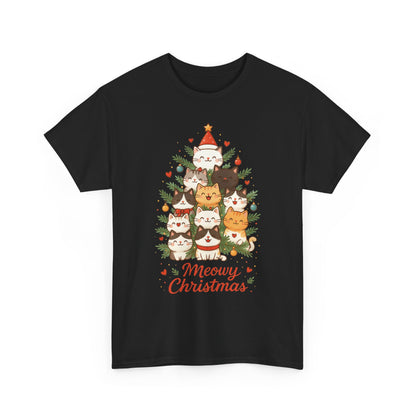 Women's Meowy Christmas Cat T-Shirt, Cute Holiday Kitty Tree Tee