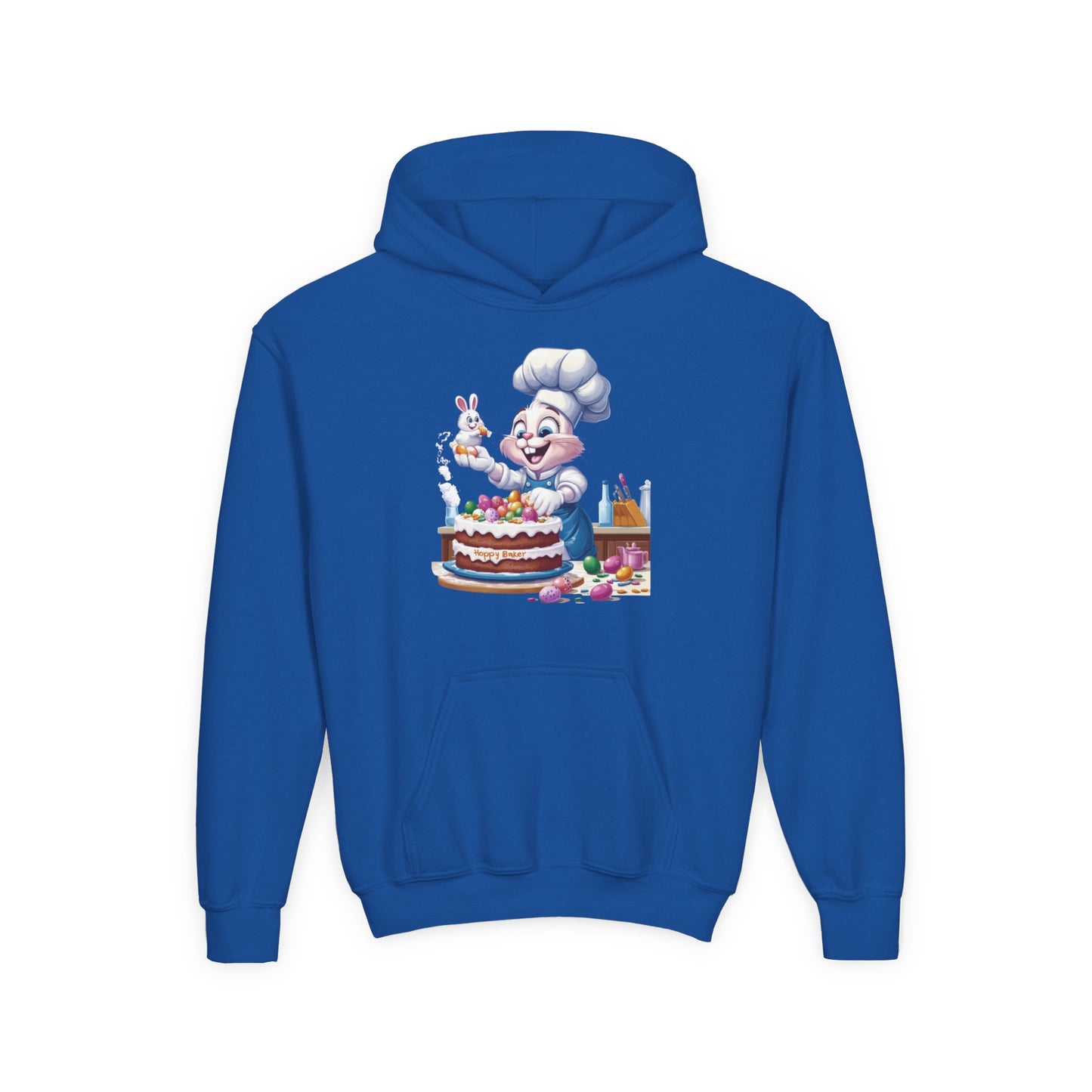 Hoppy Baker Easter Bunny Kids Hoodie - Cute Chef Bunny with Cake Design, Fun Spring Sweatshirt, Colorful Holiday Gift for Children