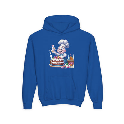Hoppy Baker Easter Bunny Kids Hoodie - Cute Chef Bunny with Cake Design, Fun Spring Sweatshirt, Colorful Holiday Gift for Children