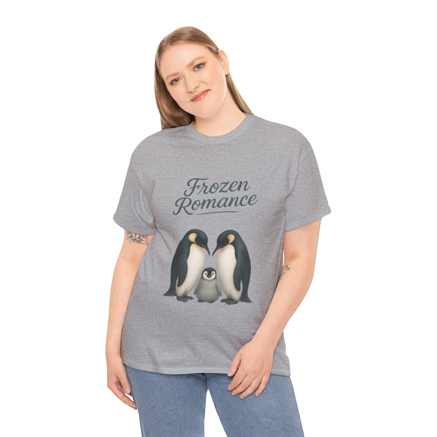 Womens Heavy Cotton Tee, Womens Frozen Romance Penguin T-Shirt, Cute Animal Graphic Tee, Love Birds Shirt Gift