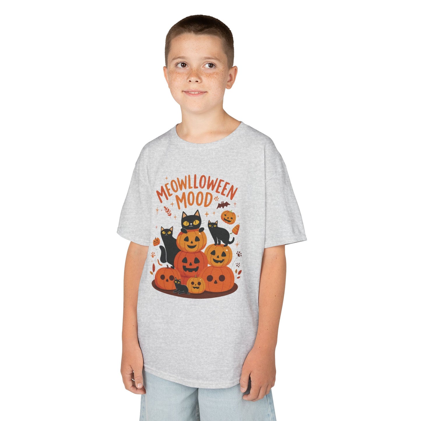 Meowlloween Mood Kids Shirt, Cute Black Cat Halloween T-Shirt for Girls and Boys, Funny Pumpkin Cat Tee, Cozy Fall Cat Lover Gift