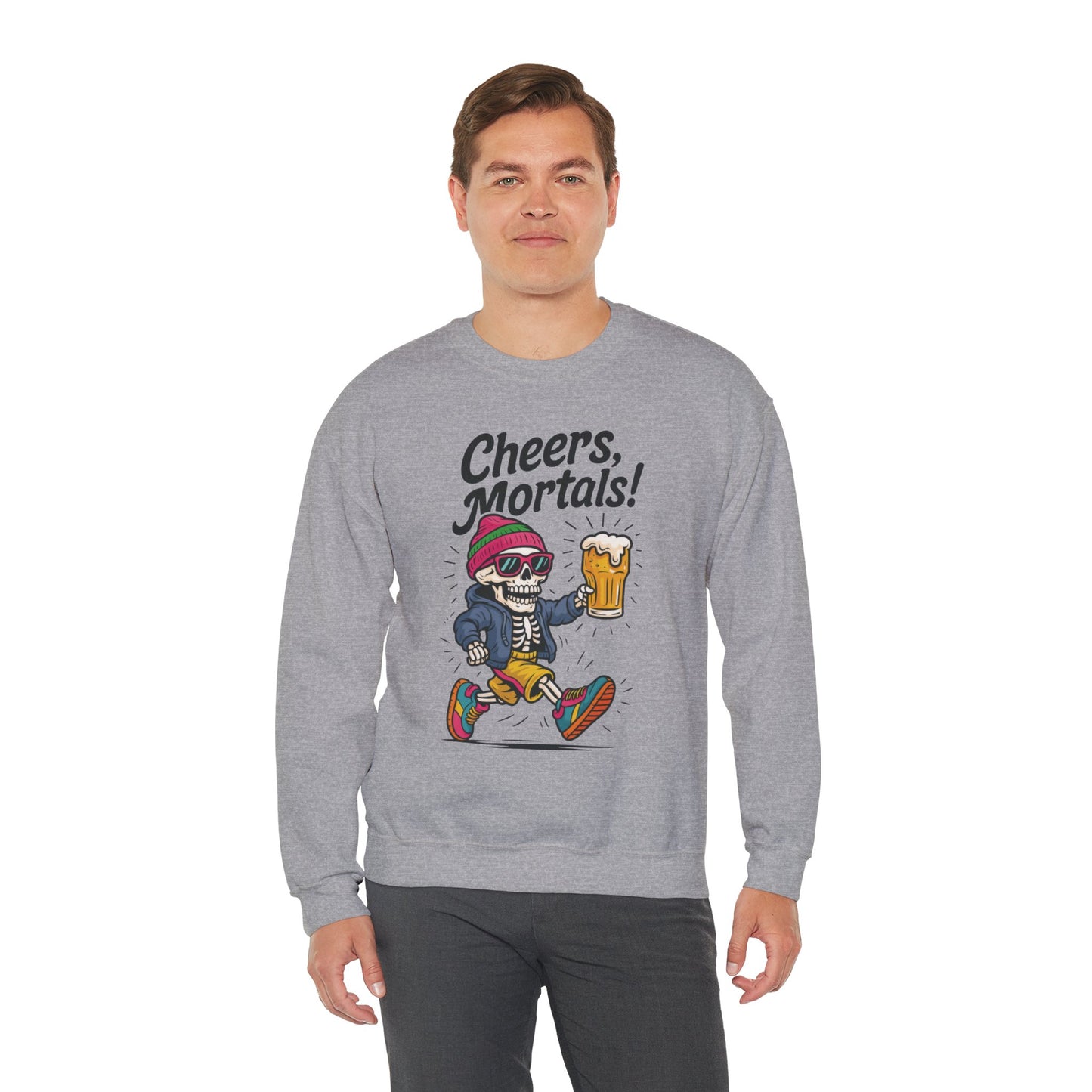 Cheers Mortals! Mens Crewneck Sweatshirt, Skeleton Beer Pullover with Hood, Drinking Humor Sweatshirt, Party Gift for Him, Halloween Apparel