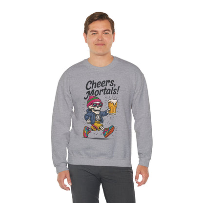 Cheers Mortals! Mens Crewneck Sweatshirt, Skeleton Beer Pullover with Hood, Drinking Humor Sweatshirt, Party Gift for Him, Halloween Apparel