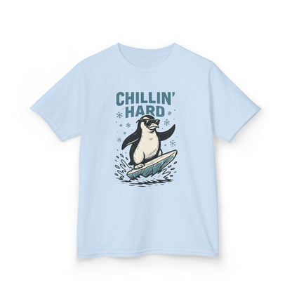 Kids Heavy Cotton™ Tee, Kids Chillin Hard Penguin T-Shirt, Funny Cool Animal Graphic Tee for Children