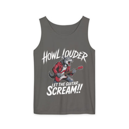 Howl Louder Wolf Tank Top, Mens Muscle Shirt, Rock Guitarist Graphic Sleeveless Tee, Wolf Workout Gym Tank, Music Lover Gift