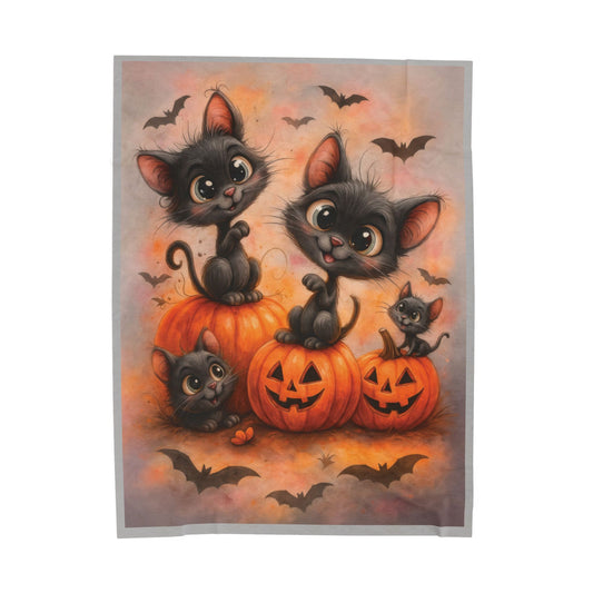 Cute Black Cats and Pumpkins Halloween Velveteen Plush Blanket, Cozy Fall Throw, Soft Cat Lover Gift, Kawaii Halloween Decor