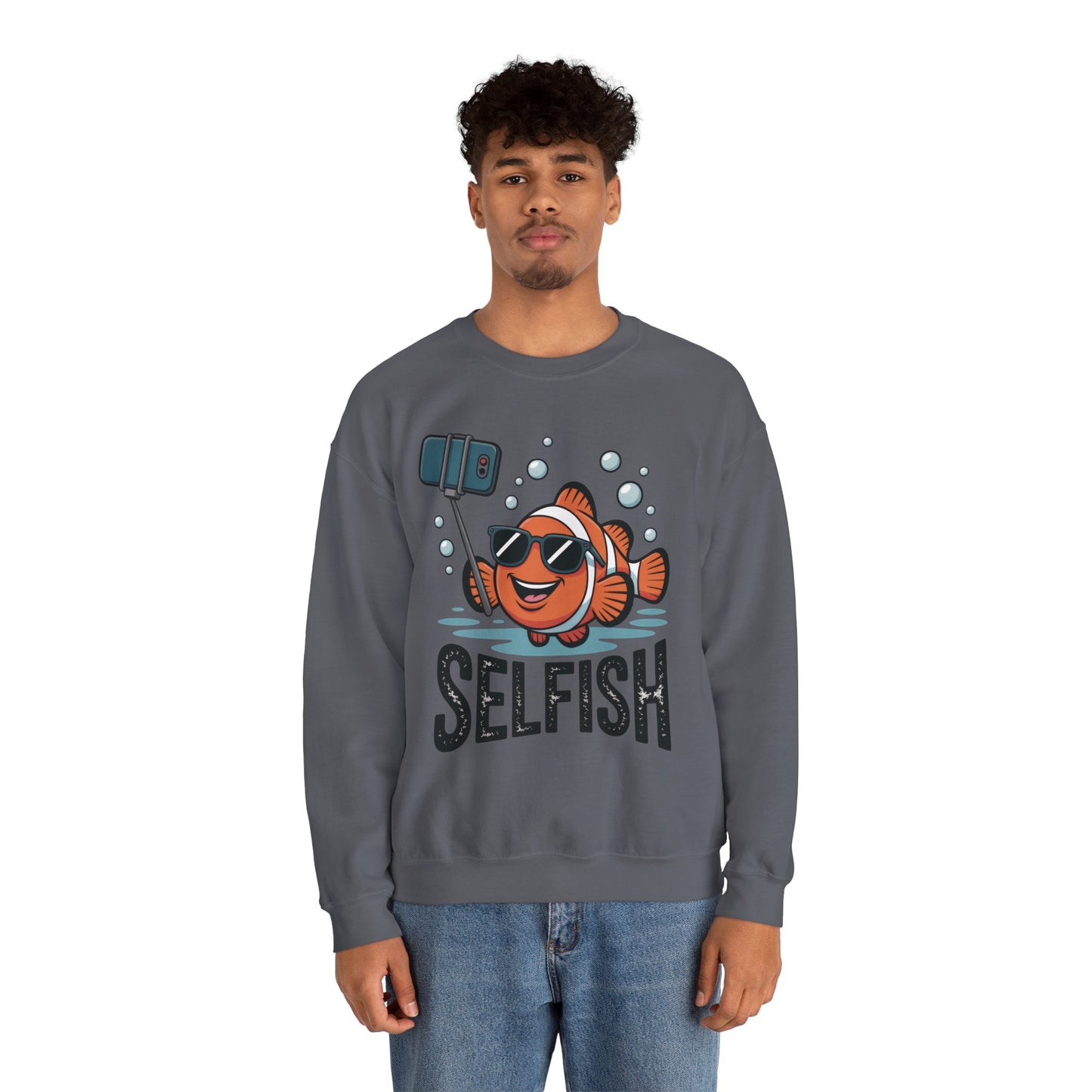 Unisex Heavy Blend™ Crewneck Sweatshirt, Mens Selfish Funny Fish Sweatshirt, Cute Selfie Pullover, Ocean Humor Top