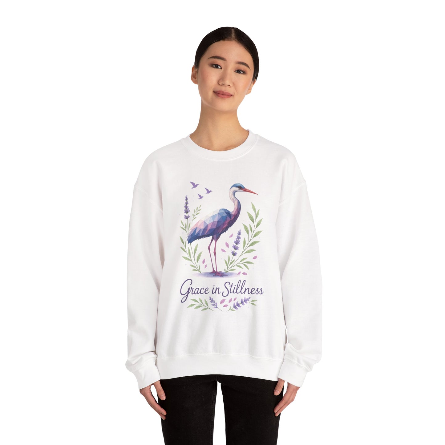 Polygonal Heron Graphic Sweatshirt, Women's Artistic Bird Crewneck, Nature-Inspired Minimalist Design, Geometric Crane, Bird Lovers Gift