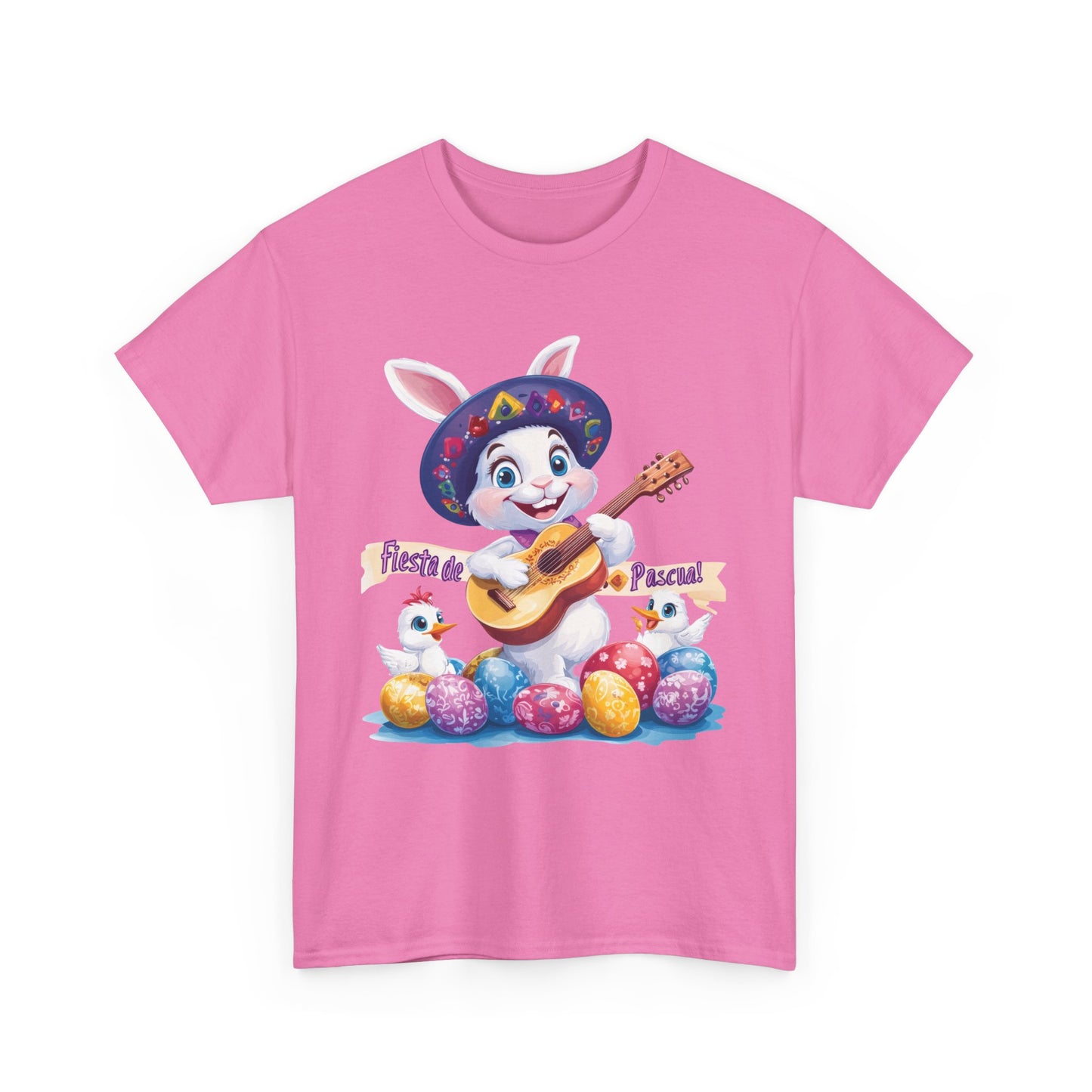 Fiesta de Pascua Bunny Shirt, Funny Easter Rabbit Playing Guitar Tee, Colorful Unisex Heavy Cotton T-Shirt, Cute Holiday Celebration Gift