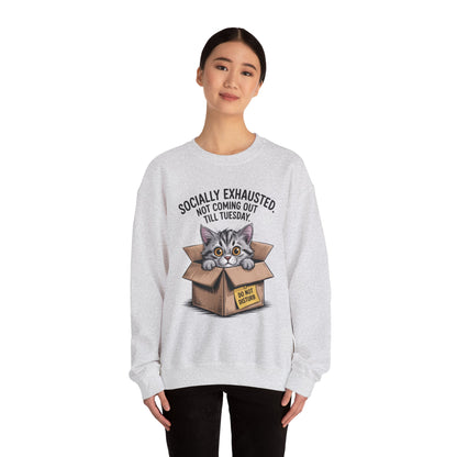 Socially Exhausted Cat Sweatshirt, Funny Cat Crewneck, Gift for Cat Lovers, Cozy Unisex Pullover, Weekend Comfort Apparel