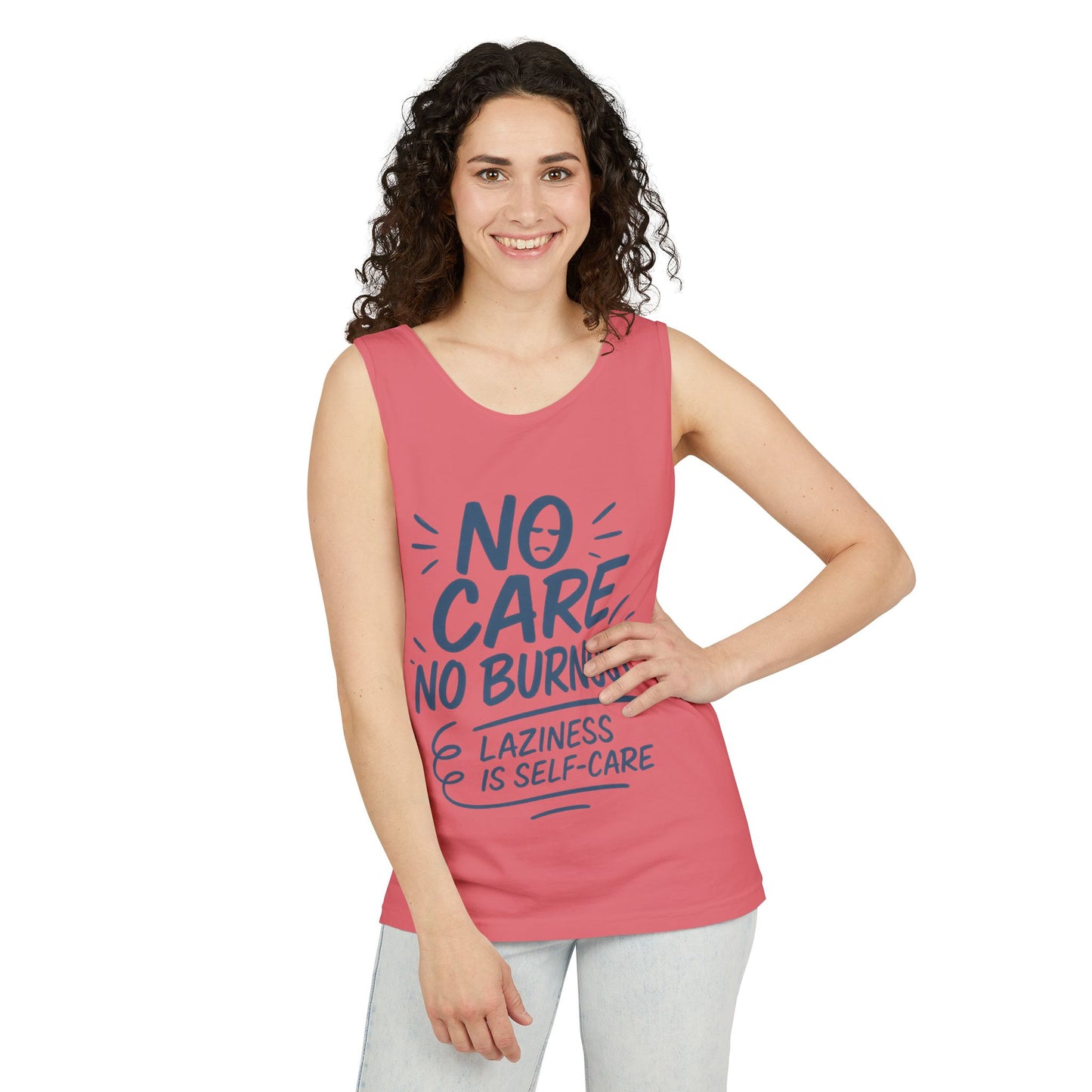 No Care No Burnout Womens Tank Top, Funny Self-Care Quote, Lazy Life Gym Workout Shirt, Casual Sleeveless Top, Relaxed Summer Apparel