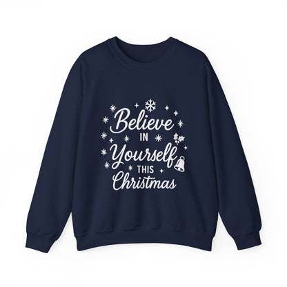 Women's Believe in the Magic Christmas Sweatshirt, Cozy Holiday Santa Hat Pullover, Women's Heavy Blend™ Crewneck Sweatshirt