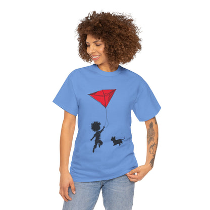 Cute Kid and Cat Design T-Shirt, Playful Gift for Cat Lovers, Summer Style, Cat Lover T-Shirt, Gift for Cat Owners, Women's Cotton T-Shirt