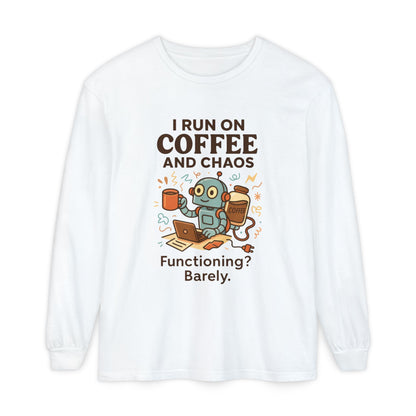 Coffee Chaos Long Sleeve Tee, Funny T-Shirt, Quirky Gift for Coffee Lovers, Unisex Top for Busy Lives, Work from Home Humor Tee