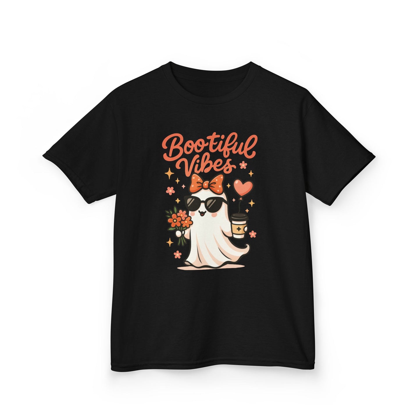 Girls Halloween Ghost T-Shirt, Cute Bootiful Vibes Tee for Kids, Fun Spooky Season Shirt, Tween Girl Outfit Gift, Kids Heavy Cotton™ Tee
