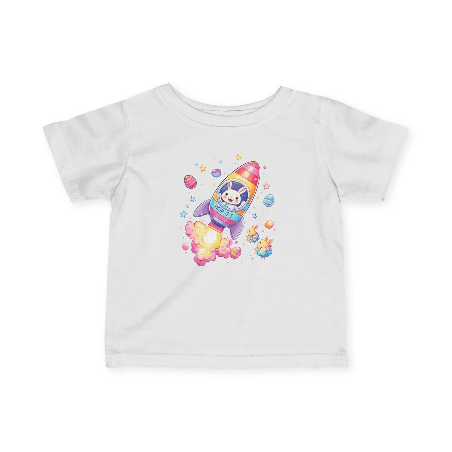 Easter Astronaut Bunny Infant Tee - Cute Rocket Bunny and Eggs Design, Fun Space Baby Shirt for 6-24 Months, Spring Holiday Outfit