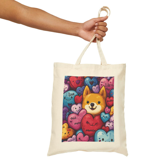 Cute Shiba Inu Heart Tote Bag, Kawaii Dog Meme Canvas Bag, Colorful Cartoon Love Shopper Gift for Dog Lovers & Valentine's Day