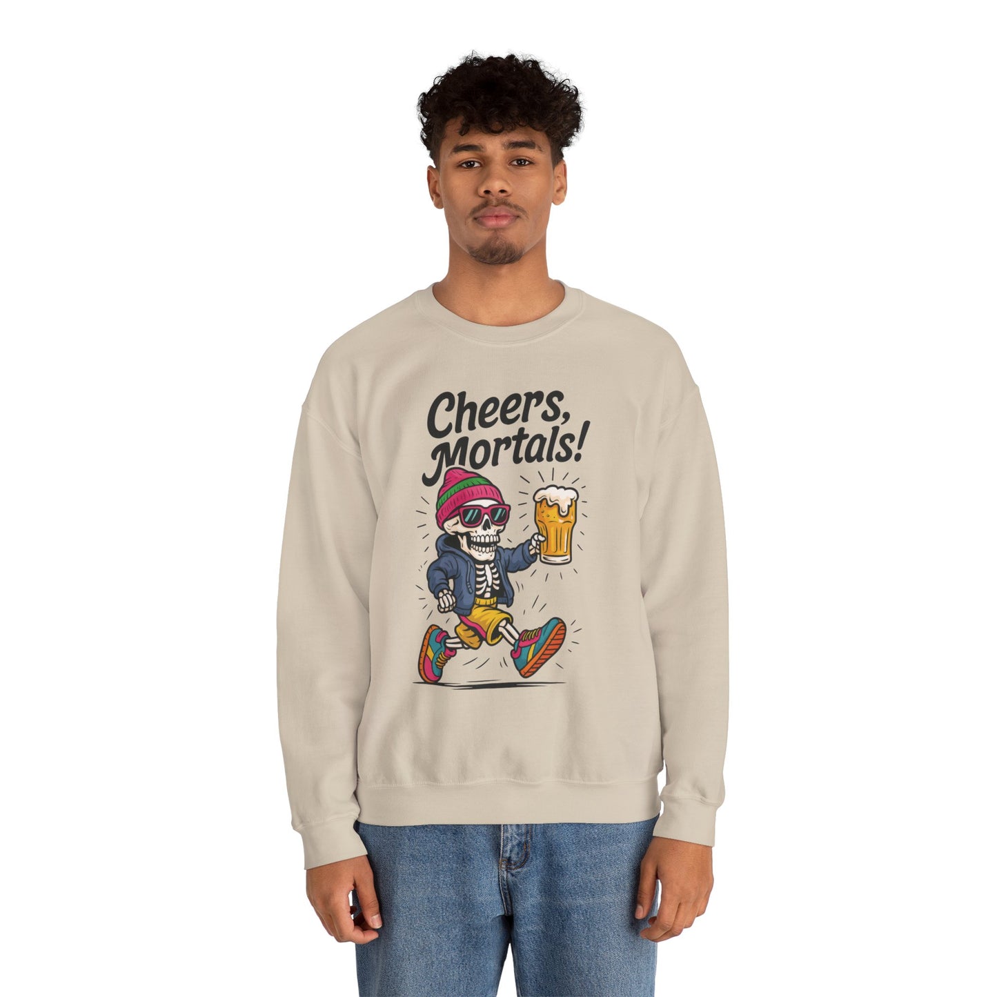 Cheers Mortals! Mens Crewneck Sweatshirt, Skeleton Beer Pullover with Hood, Drinking Humor Sweatshirt, Party Gift for Him, Halloween Apparel