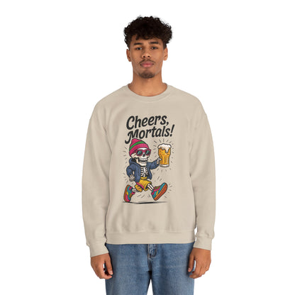 Cheers Mortals! Mens Crewneck Sweatshirt, Skeleton Beer Pullover with Hood, Drinking Humor Sweatshirt, Party Gift for Him, Halloween Apparel