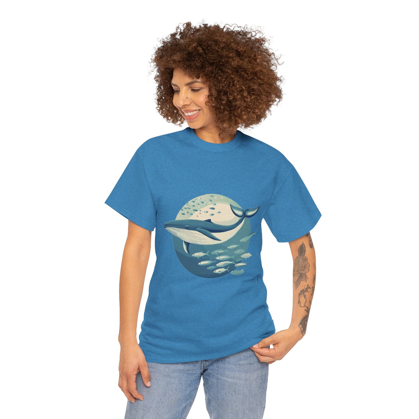 Whale and Fish Unisex Heavy Cotton Tee, Ocean Lover Shirt, Nature Tee, Sea Creature Gift, Casual Summer Top, Ocean Whale Graphic Tee