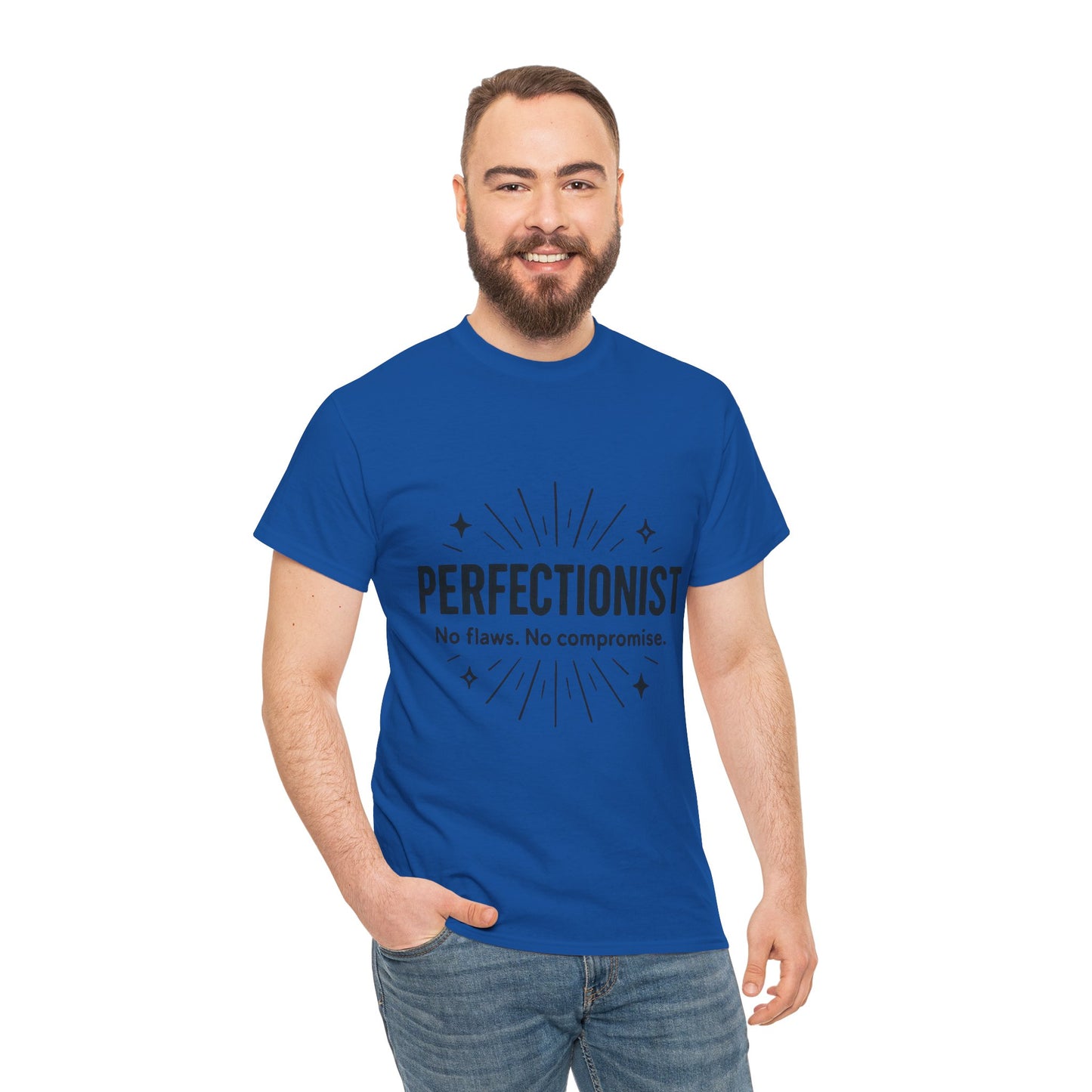 Mens Perfectionist T-Shirt, No Flaws No Compromise, Minimal Bold Graphic Tee, Gift for OCD, Clean Freak, or Detail-Oriented Men
