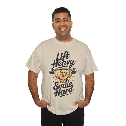 Mens Lift Heavy Smile Hard T-Shirt, Funny Gym Workout Graphic Tee, Mens Gym Tshirt