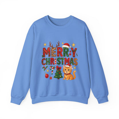 Women's Merry Christmas Cat Sweatshirt, Cozy Holiday Cat Lover Pullover, Women's Heavy Blend™ Crewneck Sweatshirt