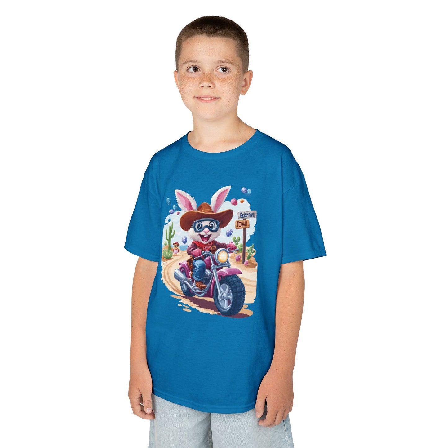 Biker Bunny Kids Tee - Fun Easter Shirt for Boys & Girls, Cute Spring Outfit with Motorcycle Rabbit Heavy Cotton Toddler T-Shirt Bunny Rider