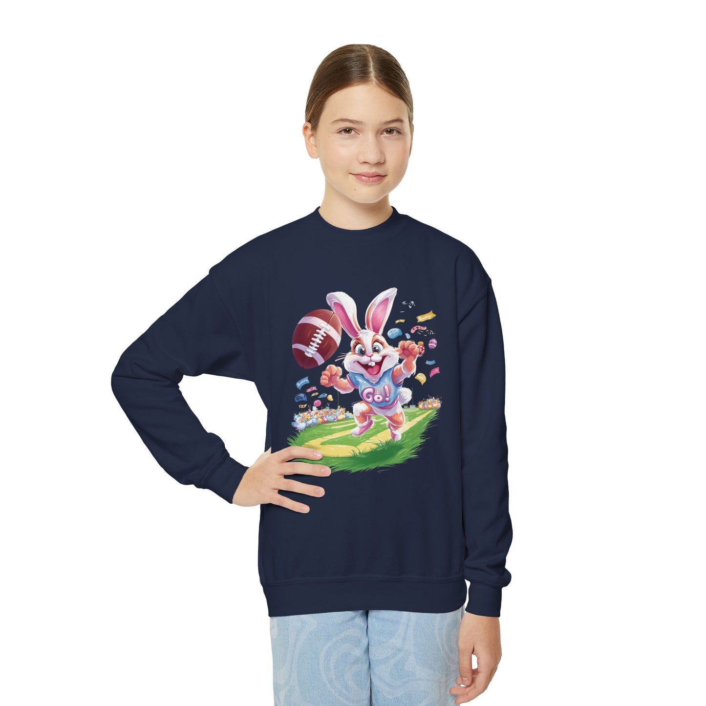 Touchdown Bunny Youth Sweatshirt - Fun Easter Football Bunny Design, Kids Spring Outfit, Game Day Gift, Playful Bunny Sports Shirt