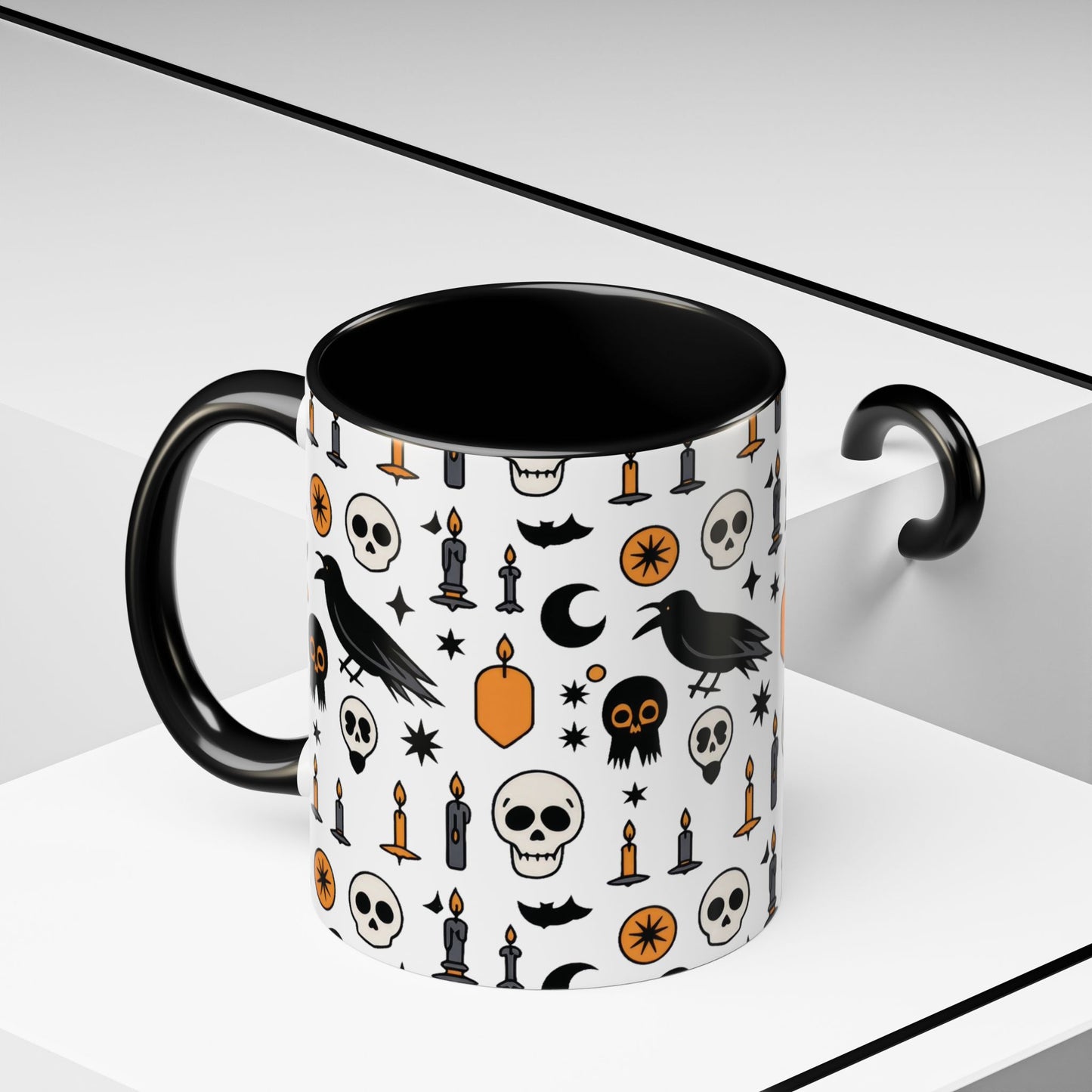 Gothic Halloween Mug, Skull, Candle - Raven Pattern Coffee Cup, Dark Aesthetic Spooky Gift for Her or Him, Accent Coffee Mug (11, 15oz)