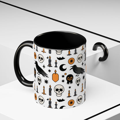 Gothic Halloween Mug, Skull, Candle - Raven Pattern Coffee Cup, Dark Aesthetic Spooky Gift for Her or Him, Accent Coffee Mug (11, 15oz)