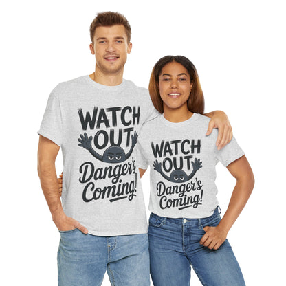 Funny "Watch Out" Cartoon Character T-Shirt, Sketch Style Unisex Heavy Cotton Tee, Minimalist Humorous Graphic Tee, Gift for Him/Her