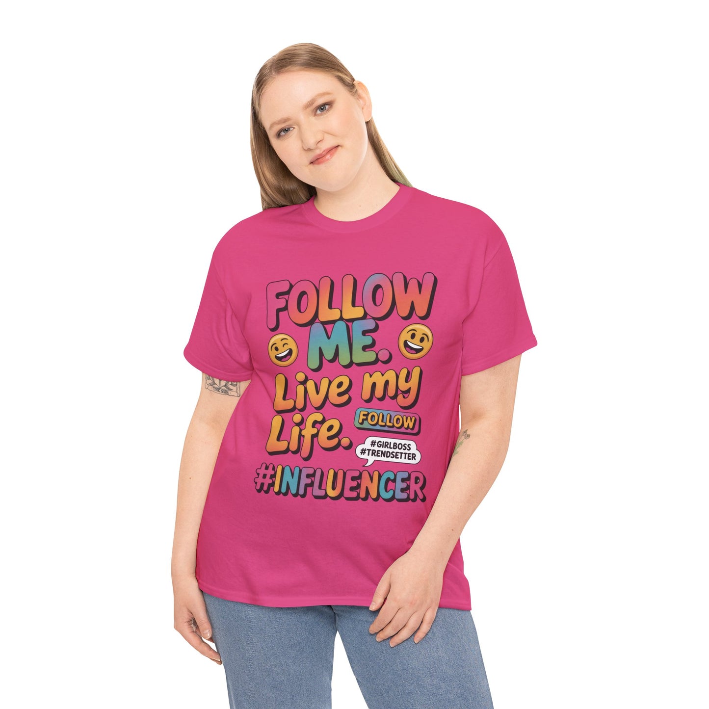 Womens Heavy Cotton Tee, Influencer Graphic Tee, Follow Me Live My Life Shirt, Colorful Trendy GirlBoss T-Shirt, Trendsetter Summer Wear