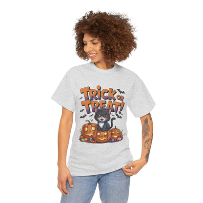 Cute Black Cat Trick or Treat Halloween T-Shirt for Women, Funny Pumpkin Cat Tee, Spooky Fall Shirt, Matching Family Halloween Shirts