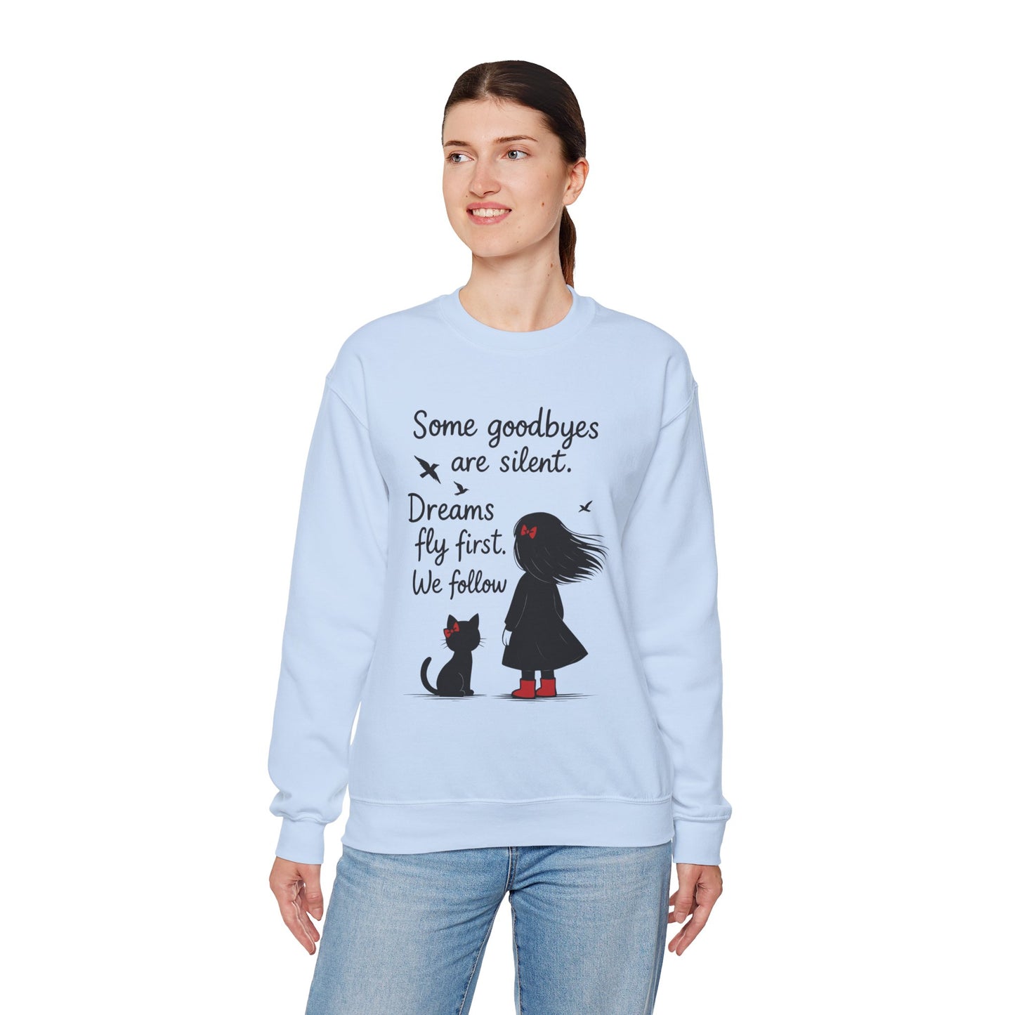 Cozy Farewell Girl & Cat Pullover, Hand Drawn Red Dress Art, Minimalist Womens Crewneck