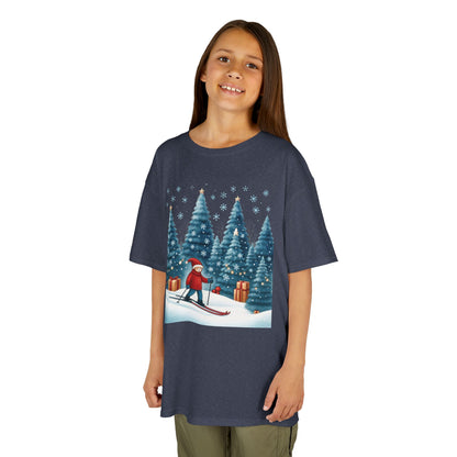 Kids Christmas Skiing T-Shirt, Cute Winter Holiday Graphic Tee, Kids Heavy Cotton™ Tee