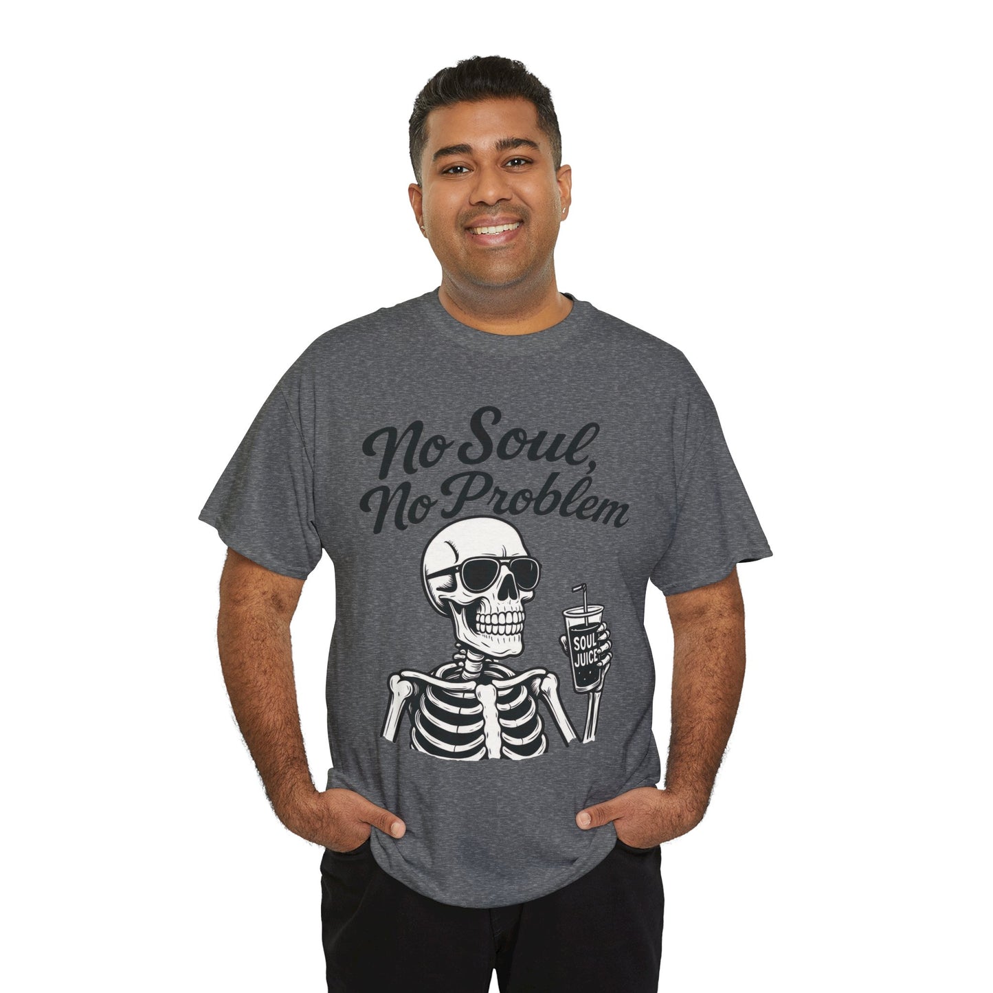 No Soul No Problem Skeleton T-Shirt for Men, Funny Gothic Skull Tee, Cool Spooky Halloween Shirt, Dark Humor Skeleton Graphic Top