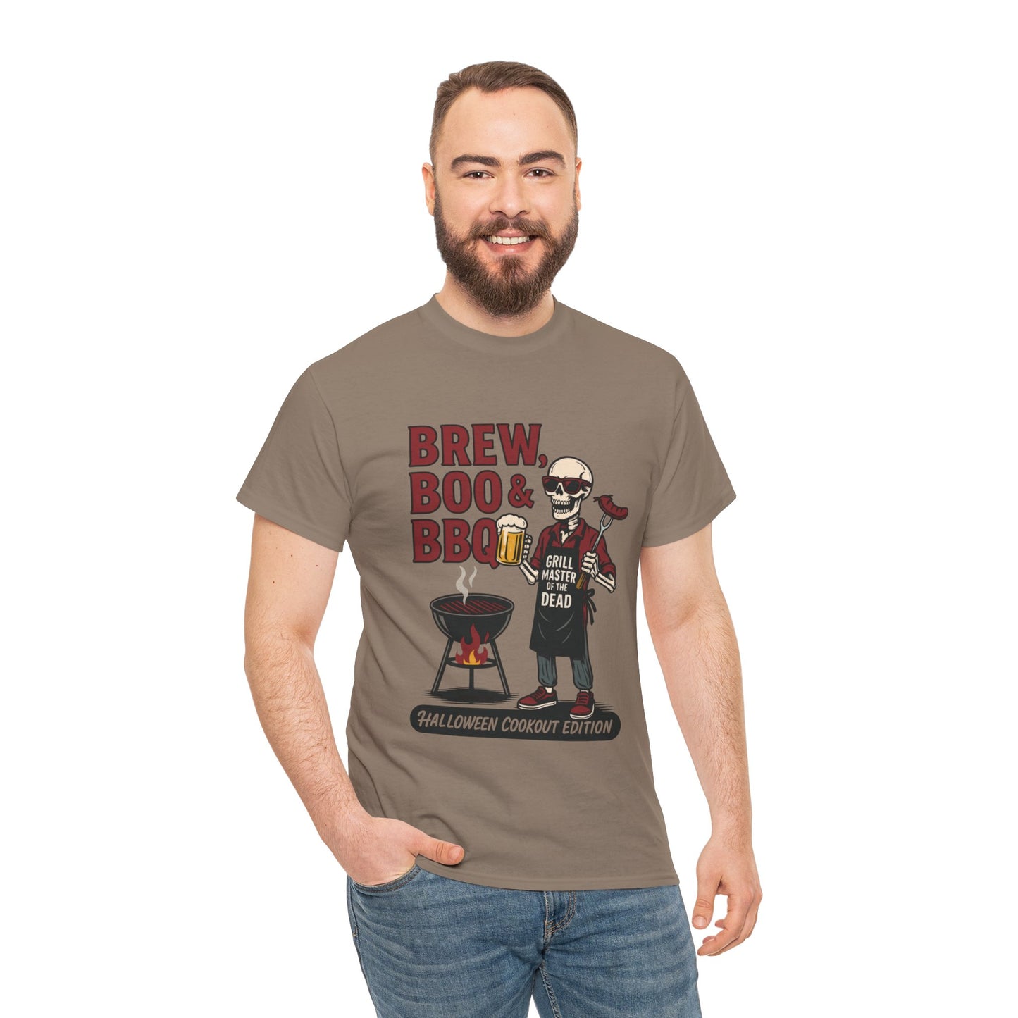 Halloween BBQ Men's T-Shirt, Brew Boo & BBQ Skeleton Grill Master Tee, Funny Dad Gift, Grill Master Tee, Grill Dad Halloween