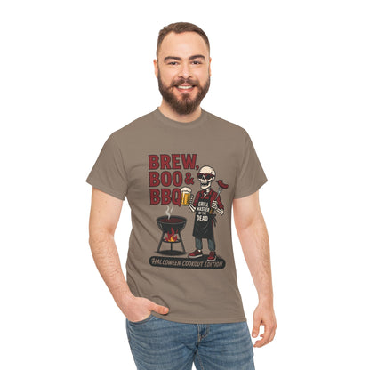 Halloween BBQ Men's T-Shirt, Brew Boo & BBQ Skeleton Grill Master Tee, Funny Dad Gift, Grill Master Tee, Grill Dad Halloween