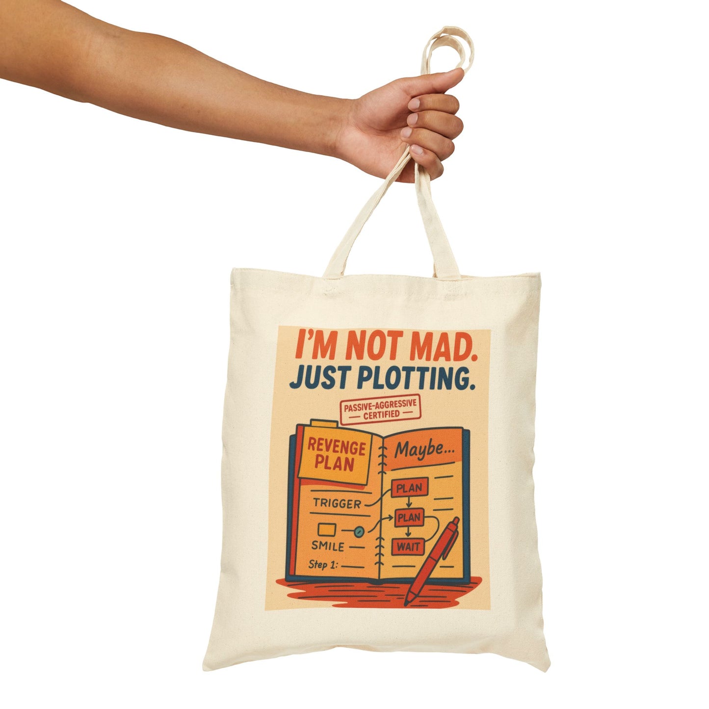 I'm Not Mad, Just Plotting Tote Bag, Funny Passive-Aggressive Revenge Plan Cotton Canvas Bag, Sarcastic Humor Gift for Coworkers & Introverts
